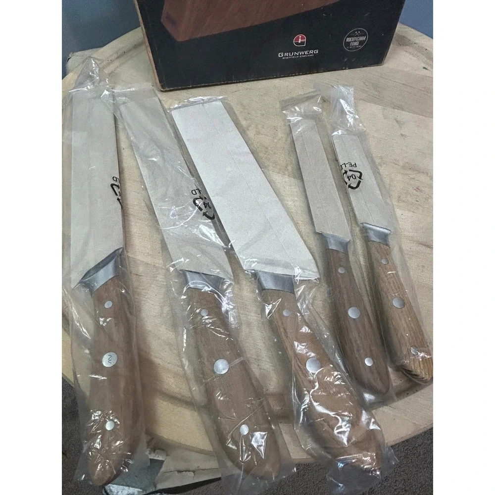 GRUNWERG Sheffield‎ England 6 Piece Knife Block Set Ashwood Handles